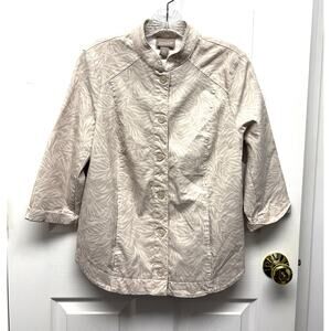 Chico’s Jacket Taupe Palm Print Lightweight Button Front 3/4 Sleeve Size 1 or M